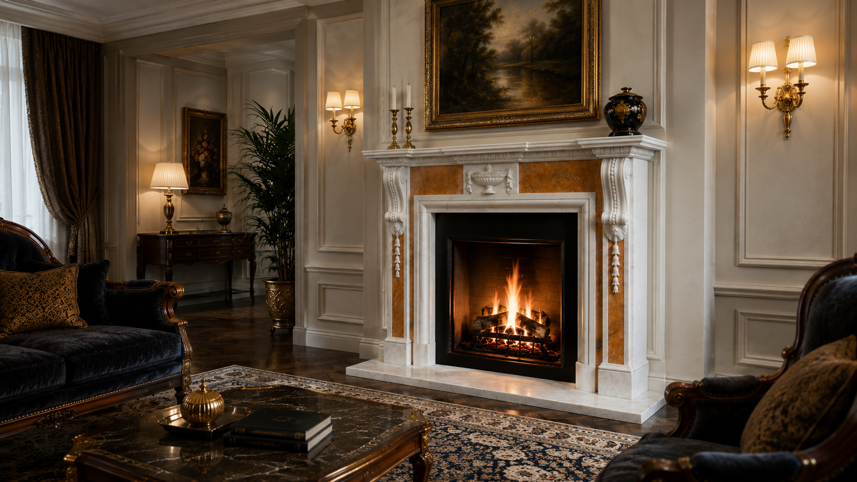 Классический стиль в интерьере с мраморным камином Kensington 