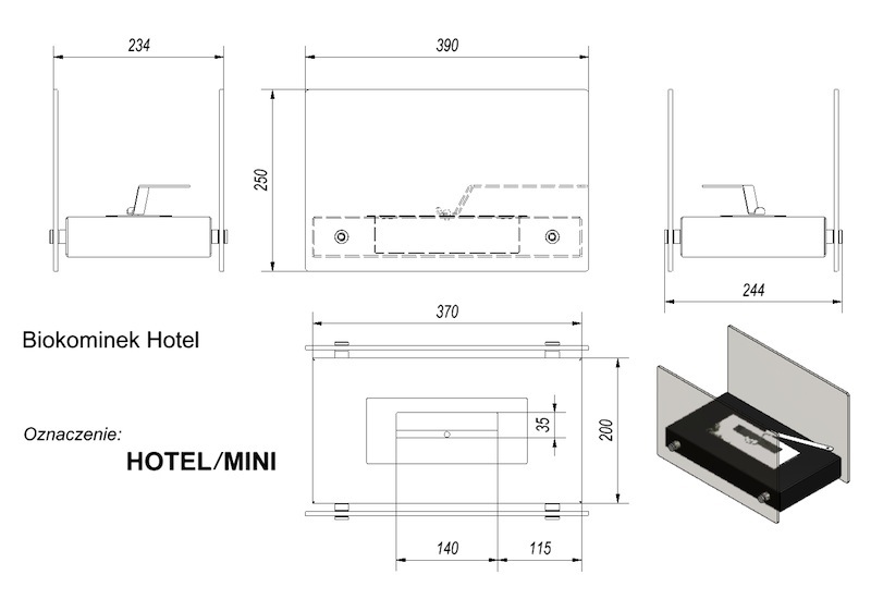 размеры биокамина Kratki Hotel mini
