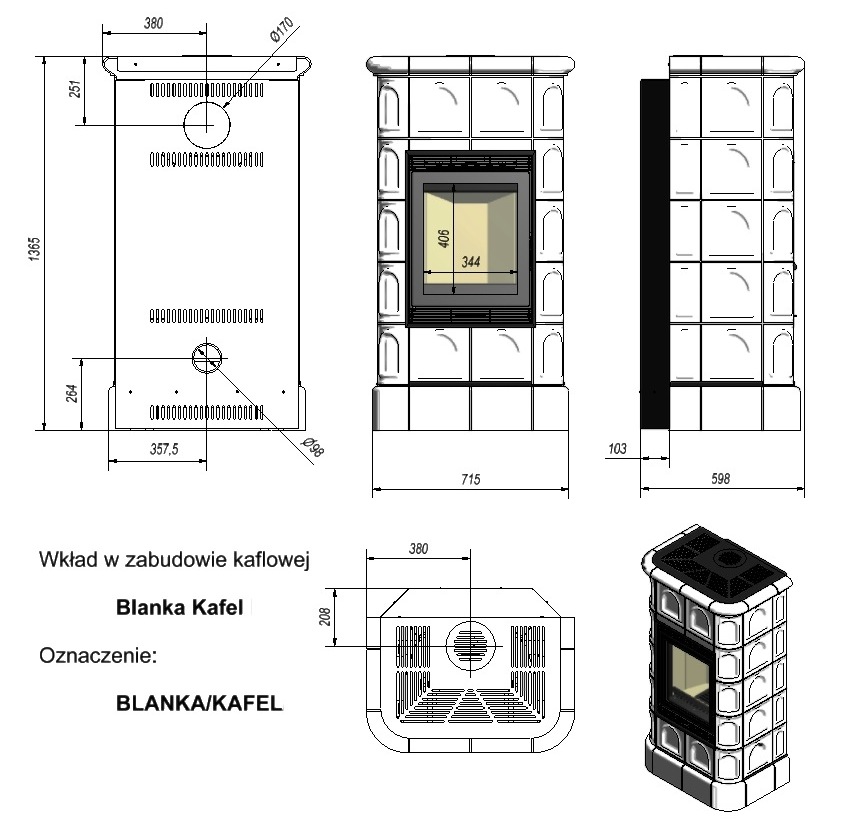 Печь-камин Kratki Blanka 8 кафель коричневая
