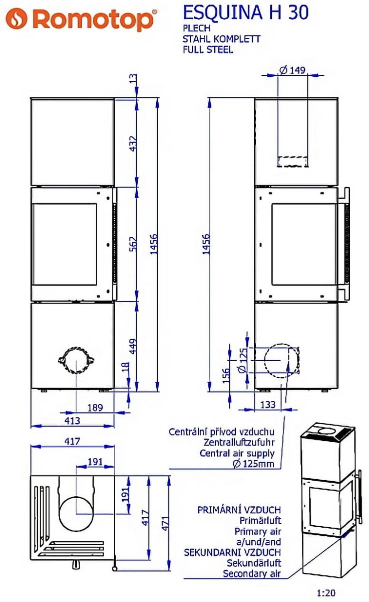 Размеры печи-камина Romotop Esquina H