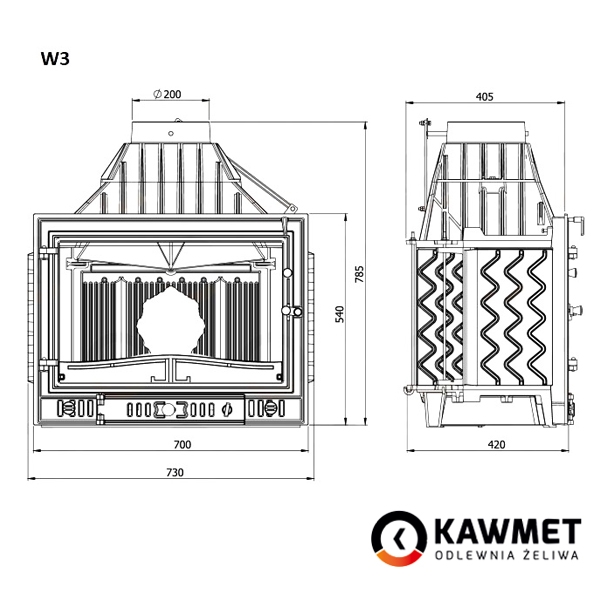Размеры топки Kawmet W3