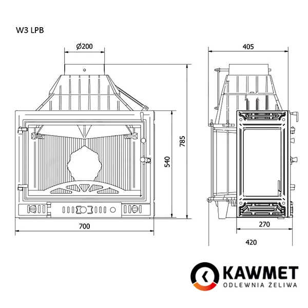 Размеры топки Kawmet W3