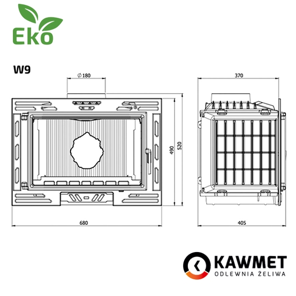 Размеры топки Kawmet W9 (9,8 kW) Eco