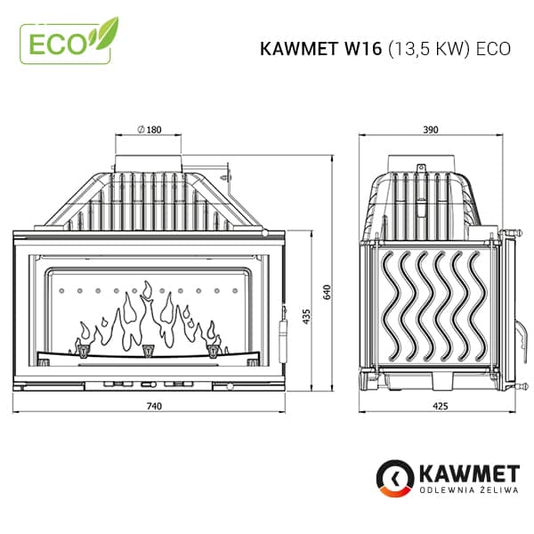 Размеры топки Kawmet W16 (13,5 kW) Eco