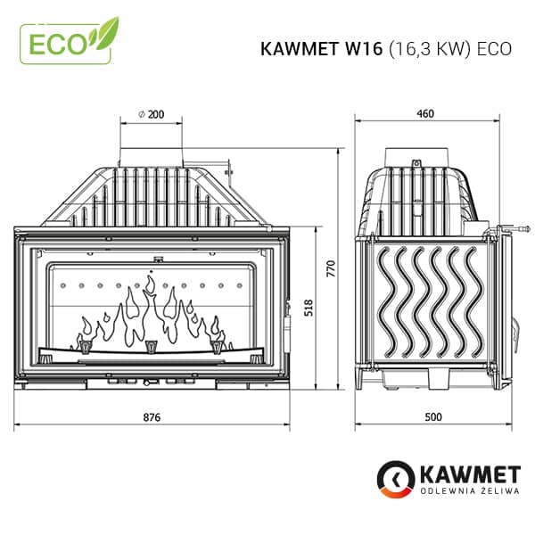 Размеры топки Kawmet W16 (16,3 kW) Eco