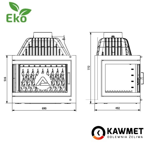 Размеры топки Kawmet W17 правое боковое стекло (16,1 kW) Eco