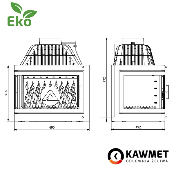 Размеры топки Kawmet W17 Dekor левое боковое стекло (16,1 kW) Eco