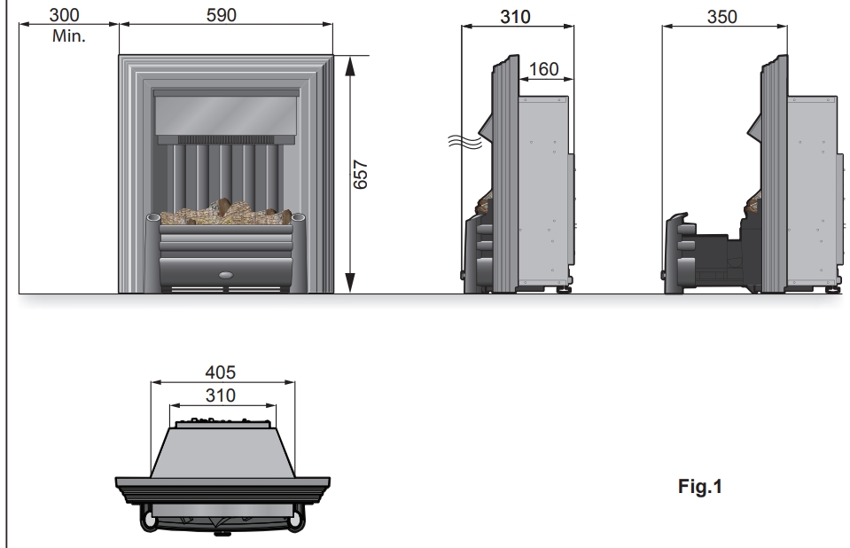 Размеры электрокамина Dimplex Opti-myst Chesford