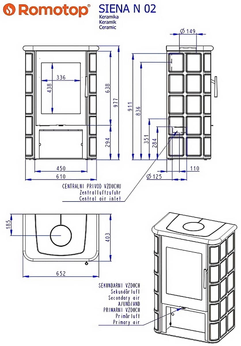 Размеры печи Romotop Siena N 02 Размеры печи Romotop Siena N 02