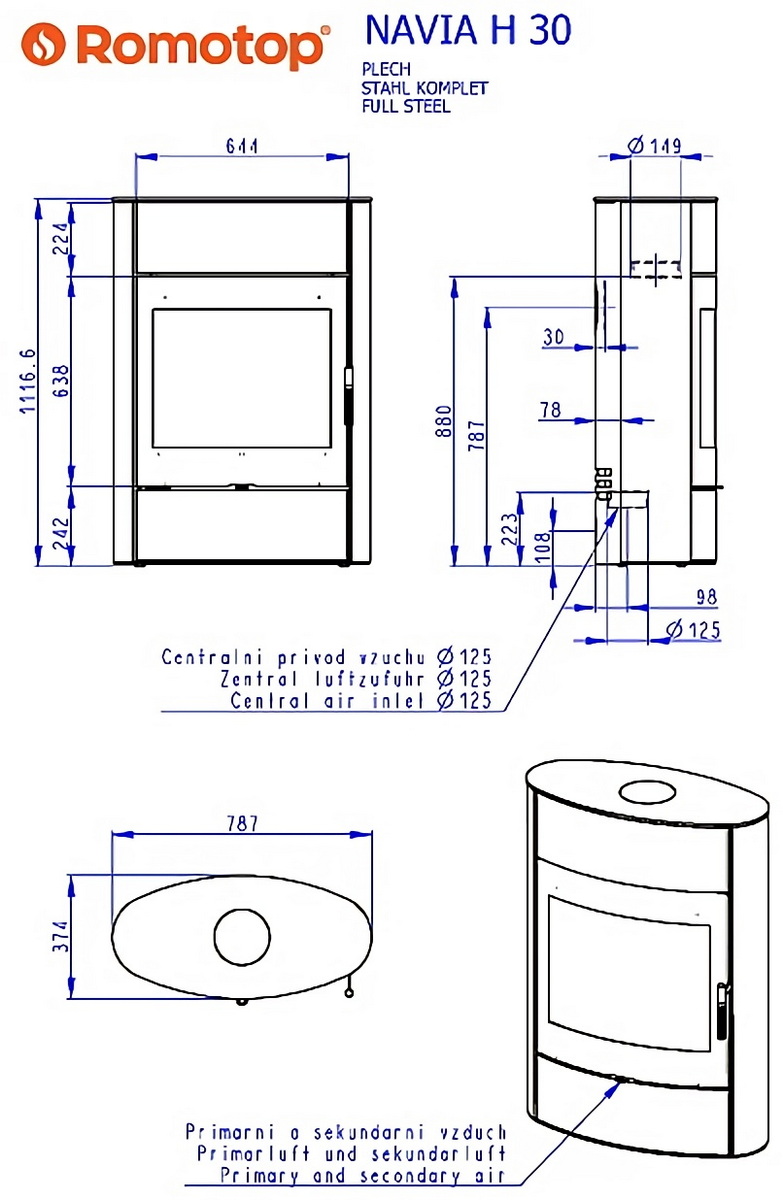 Размеры печи Romotop Navia H 30 сталь Размеры печи Romotop Navia H 30 сталь