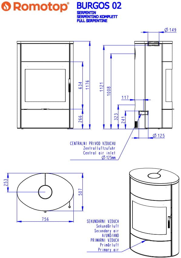Размеры печи ROMOTOP BURGOS 02 Размеры печи ROMOTOP BURGOS 02